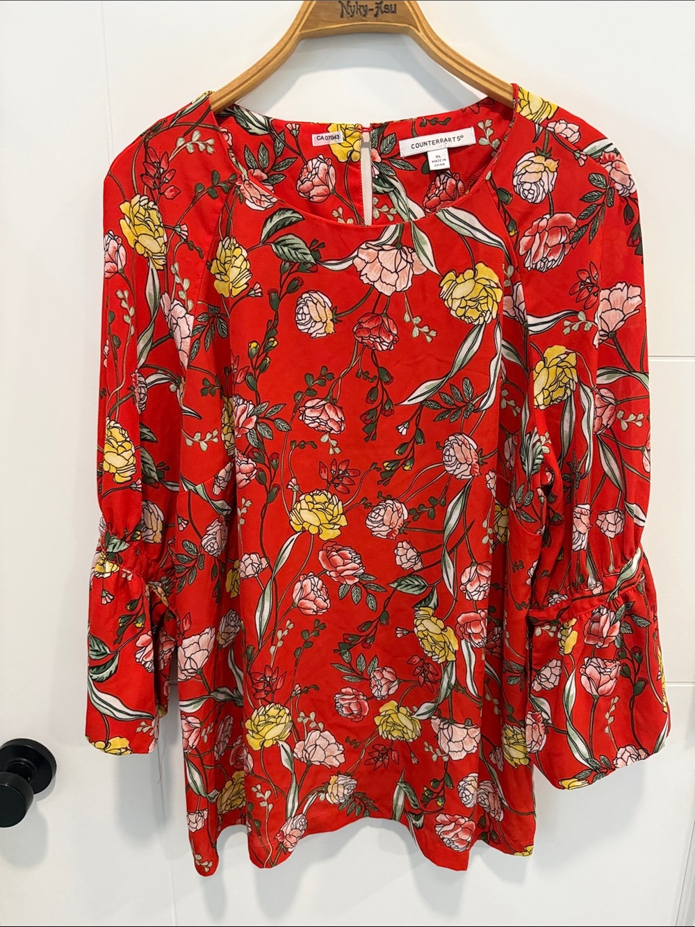 Counterparts Red Floral Tunic with Yellow & Pink Blooms size XL